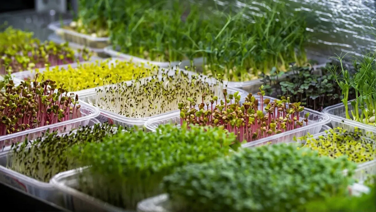 Bandejas de brotos e microverdes em cultivo